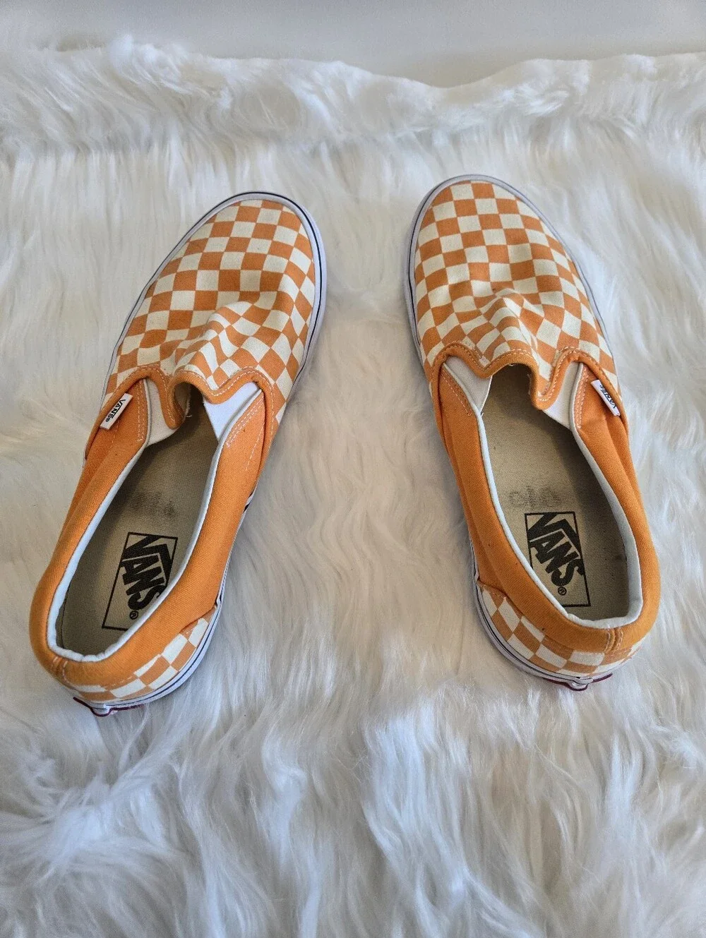 Vans Classic Slip-On Orange White Checkerboard Sneakers Men’s 10.5